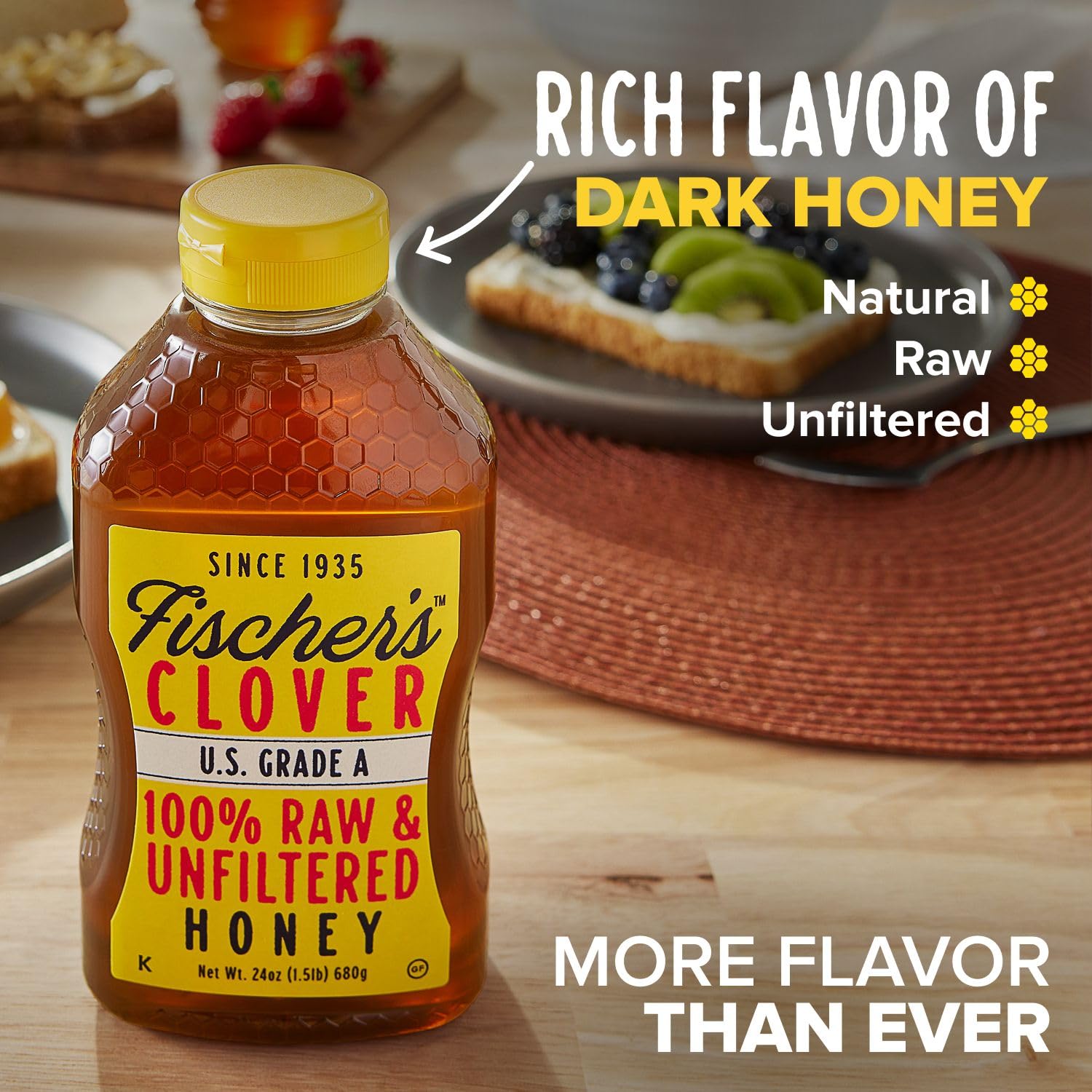 Fischer's 100% Pure Clover Honey – Unfiltered Raw Honey, 24 oz Squeeze Bottle – All-Natural Sweetener – Rich Flavor Profile, Packed with Nutrients