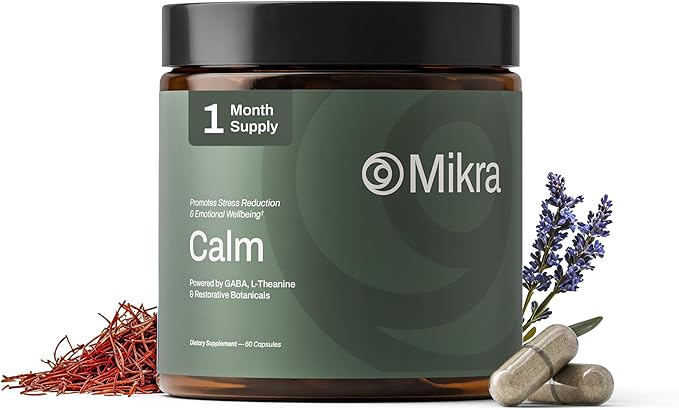 Mikra Calm and Relaxation Support Capsules - Vegan, Allergen-Free, Sugar Free Supplement with GABA, Saffron & Herbal Extract Blend for Daily Balance & Calm - Calming Gifts for Women & Men- 60 Capsules