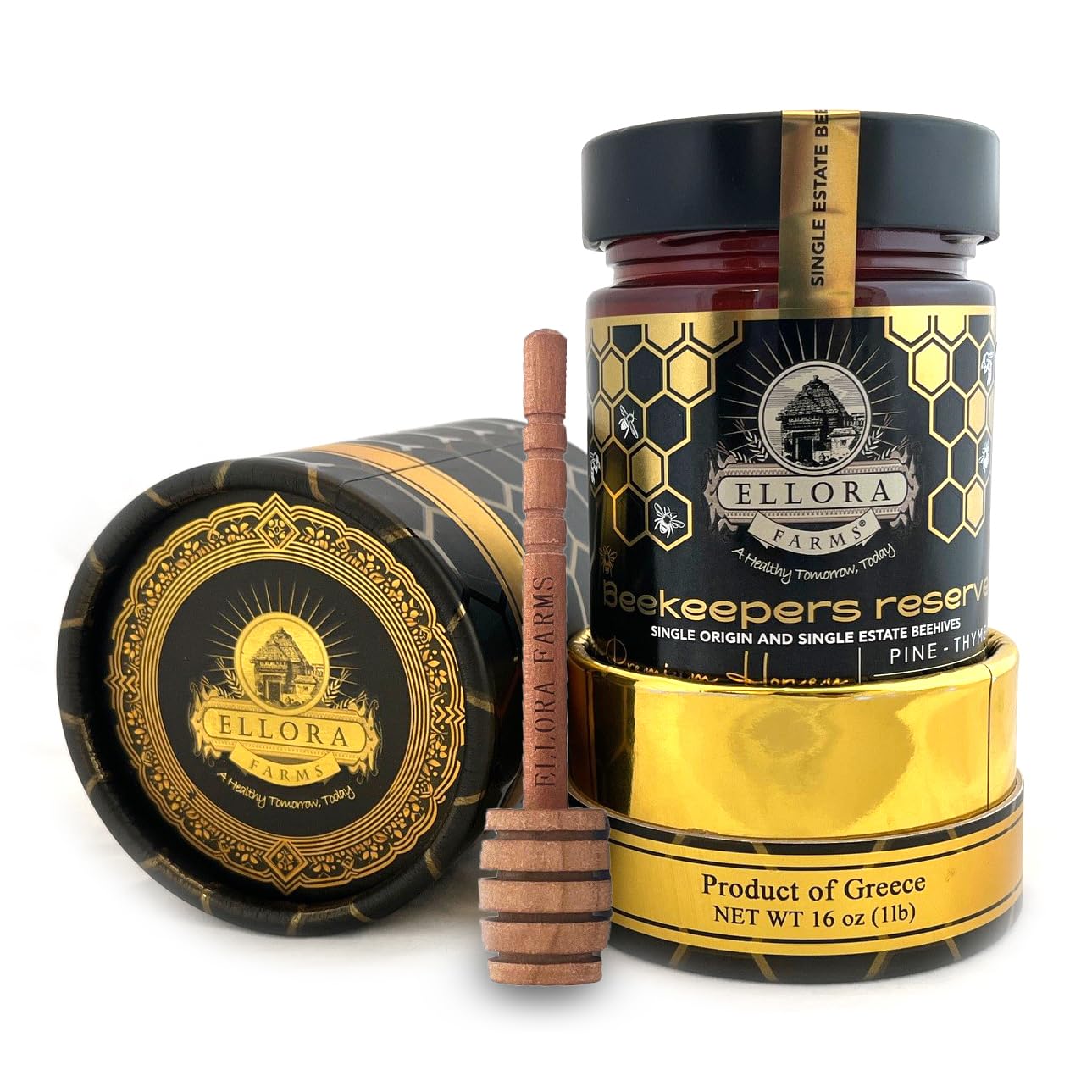 Ellora Farms Greek Honey Single Estate PDO, Pine & Thyme Raw Honey Unfiltered, Beautiful Gift Pack with Dipper, Beekeepers Reserve, Pure Raw & Unfiltered Cold-Pressed, Gluten Free - 450 g
