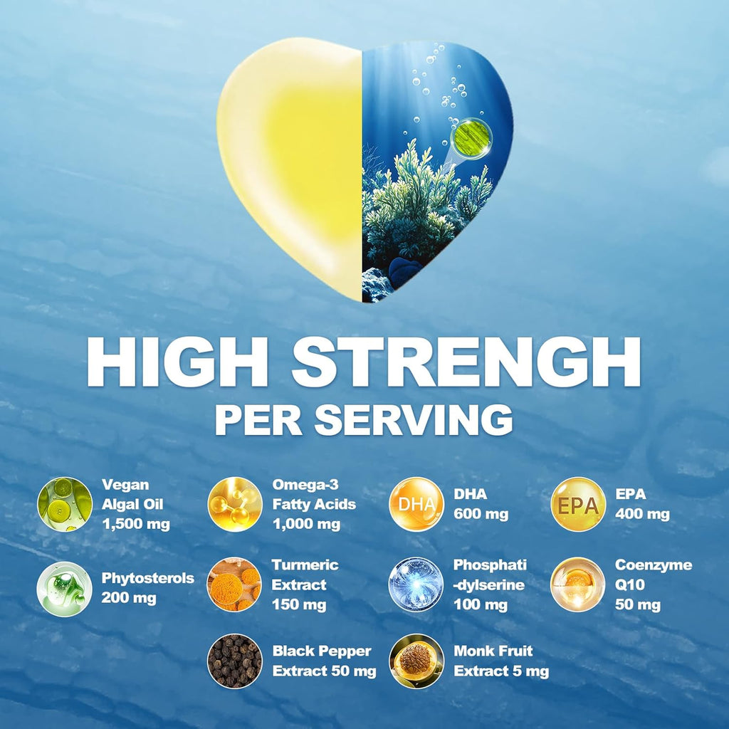 10-in-1 Vegan Omega-3 Gummies 1500mg with DHA 600mg, EPA 400mg, Phytosterols, Turmeric, CoQ10, Phosphatidylserine, Monk Fruit, Algae Omega 3 Supplement Fish Oil Alternative for Adults & Teens - 60 Cts