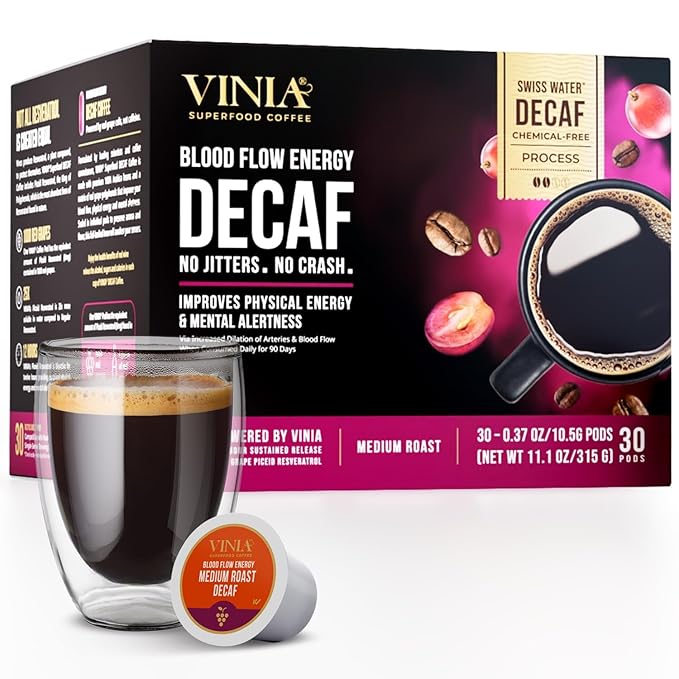 VINIA Decaf Medium Dark Roast with Red Grape Piceid Resveratrol, Nitric Oxide for Heart Health, Alertness, Physical Energy & Blood Flow Circulation. 30ct K-Cup Pods
