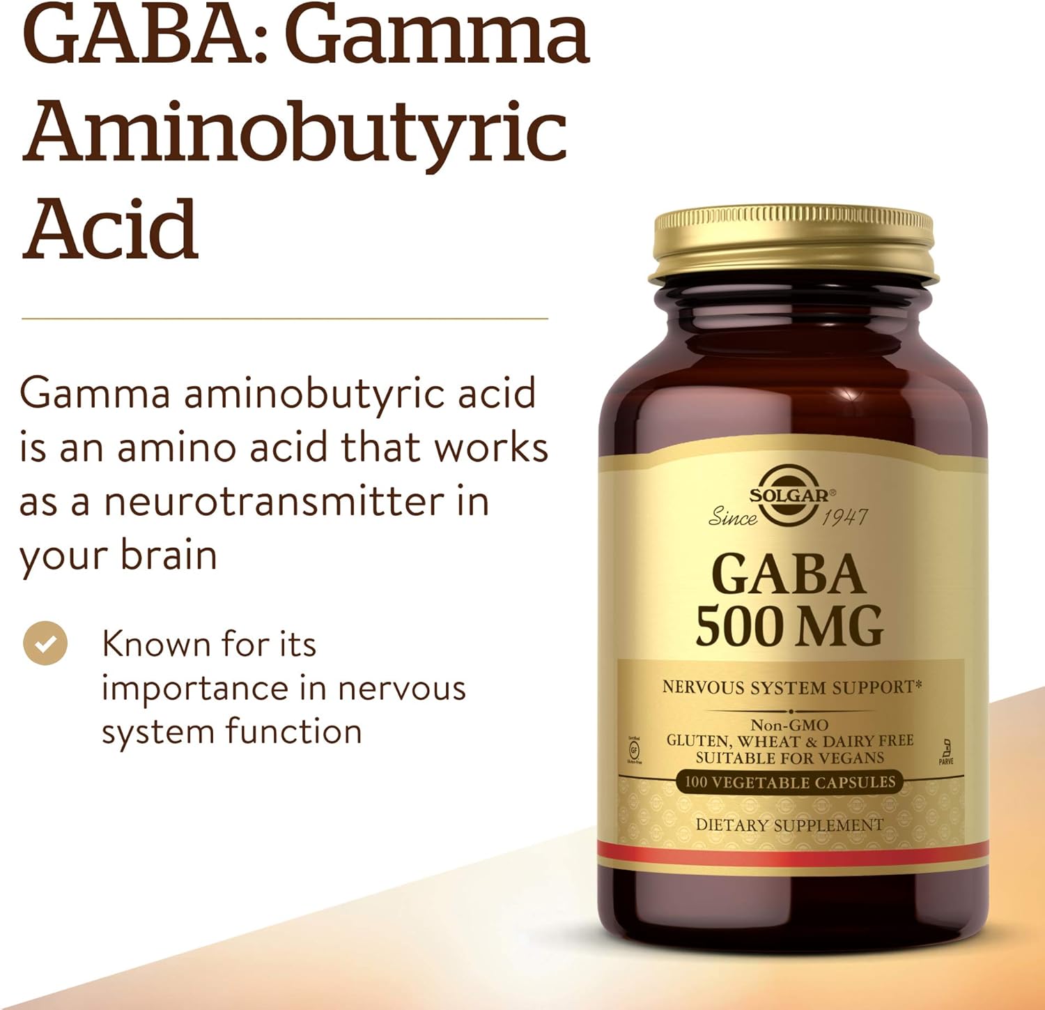 Solgar GABA 500 mg, 100 Vegetable Capsules - Relaxation & Nervous System Support - Amino Acid - Non-GMO, Vegan, Gluten Free, Dairy Free, Kosher - 100 Servings