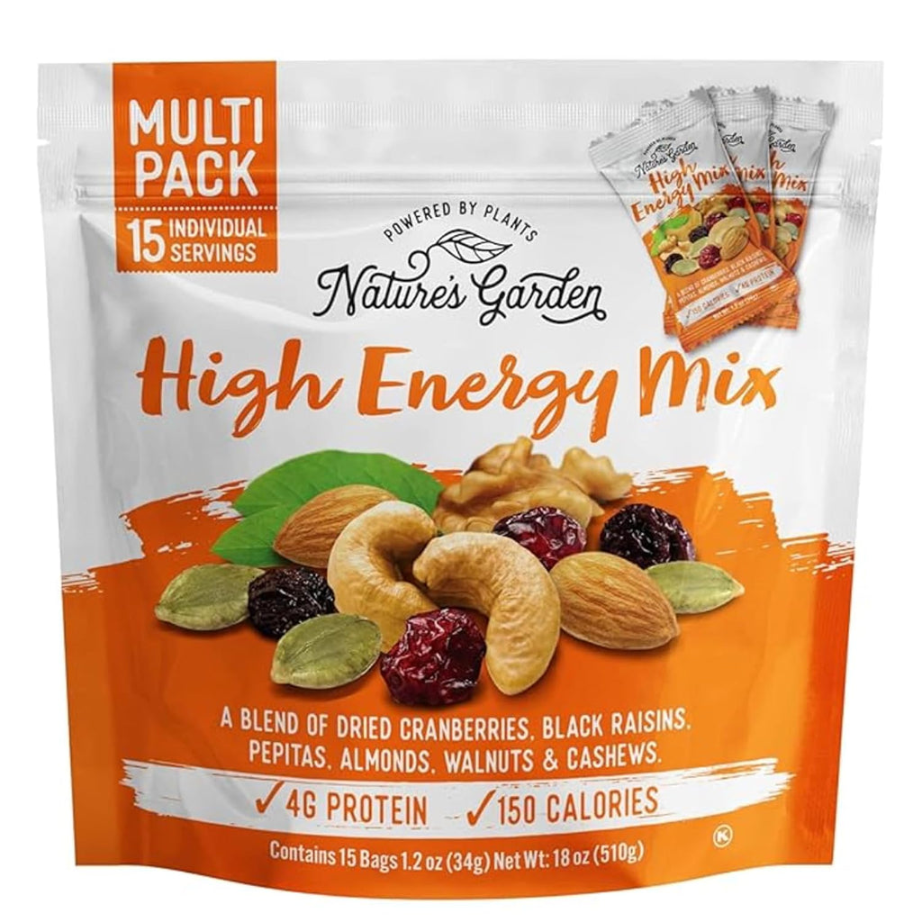 Nature's Garden High Energy Mix, Deluxe Mixed Nuts, Energy Boost, High Energy Trail Mix, Cranberries, Raisins, Almonds, Walnuts, Cholesterol Free, Sodium Free, No Artificial Ingredients – 1.2 Oz Bags (15 Individual Servings)
