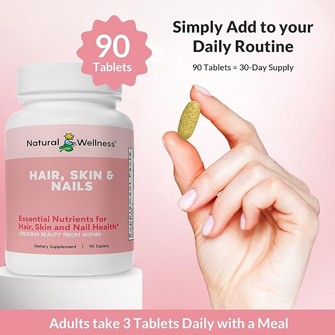 Natural Wellness Hair, Skin & Nails Supplement – Biotin Hair Growth Vitamins, Essential Minerals & Antioxidants – Supports Healthy Hair Growth, Strong Nails & Glowing Skin – 90 Tablets, 1 Month Supply