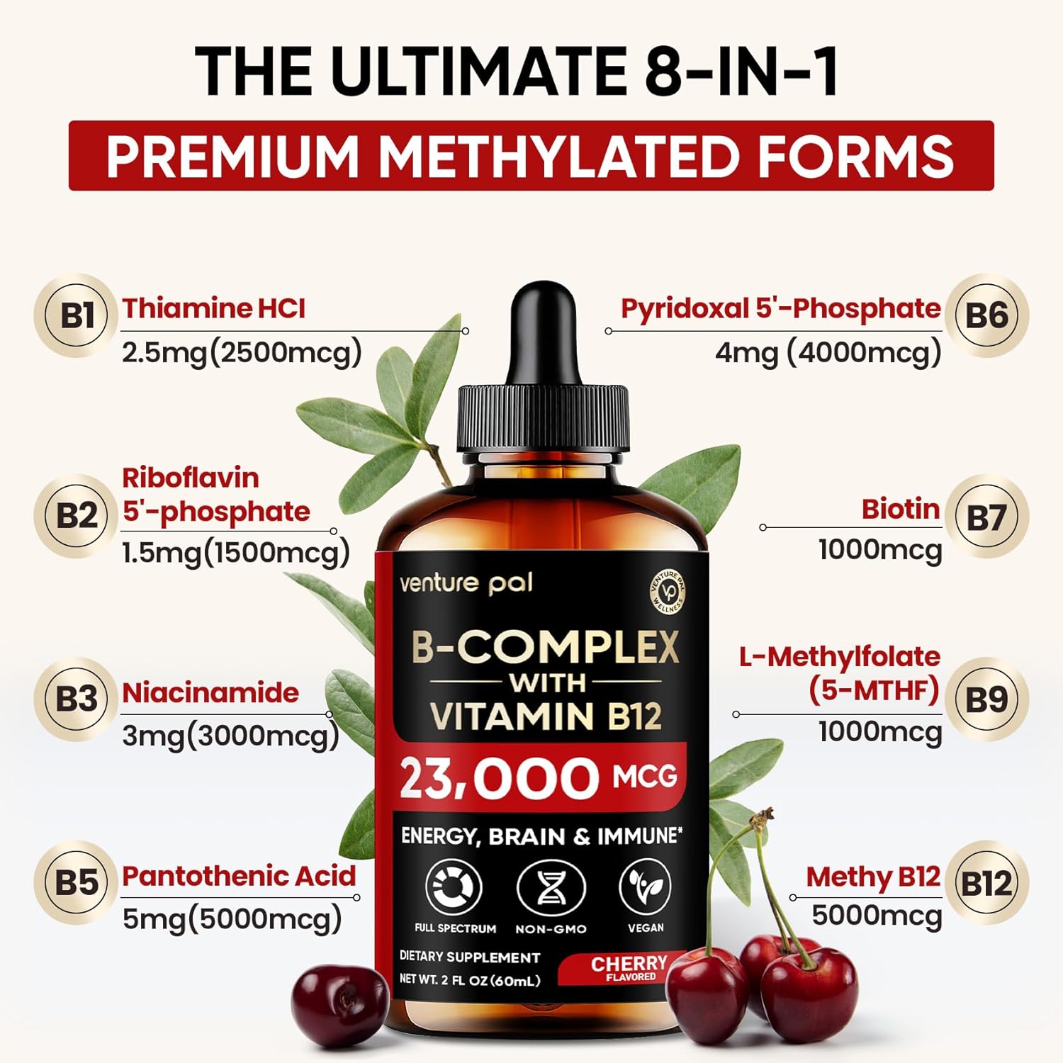 Venture Pal 11-in-1 Vitamin B Complex Liquid Drops, B12 Methylcobalamin | B9 Folic | B1,B2,B3,B5,B6,B7 - Vitamin C, Choline, Inositol, Immune & Energy Metabolism, Brain & Heart Support