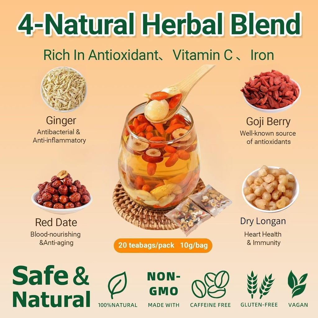 Eastrue Organic Ginger Herbal Tea for Women-Jujube Red Dates,Goji Berry,Longan Blend,Lactation Tea for Breastfeeding,Support Hormone Balance,Postpartum Recovery,Menopause,(200g/20Bags)