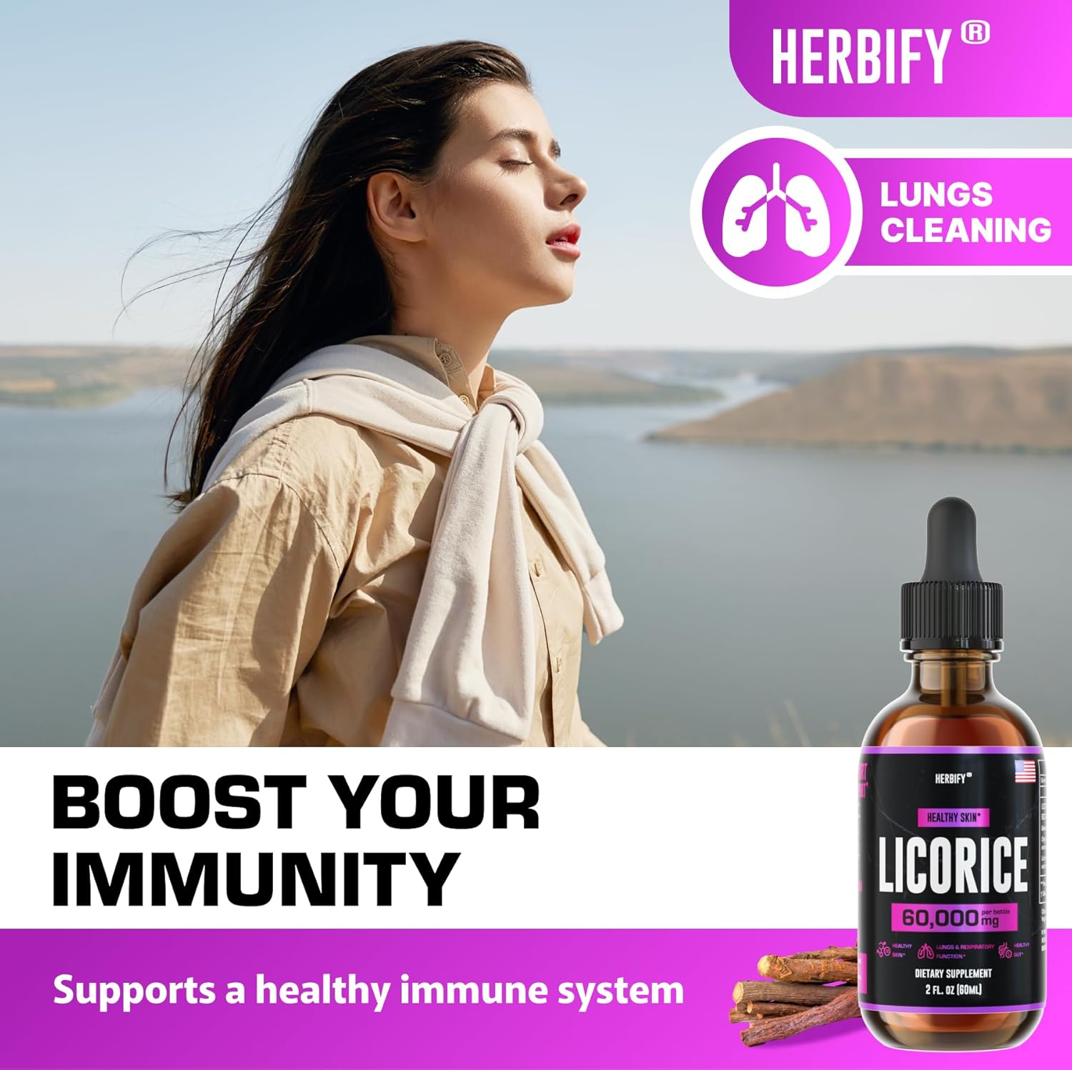 HERBIFY Licorice Root Extract - Powerful Licorice Supplement - Lung Support Supplement - Licorice Extract for Skin Health and Immune Support - Made in USA - 2oz