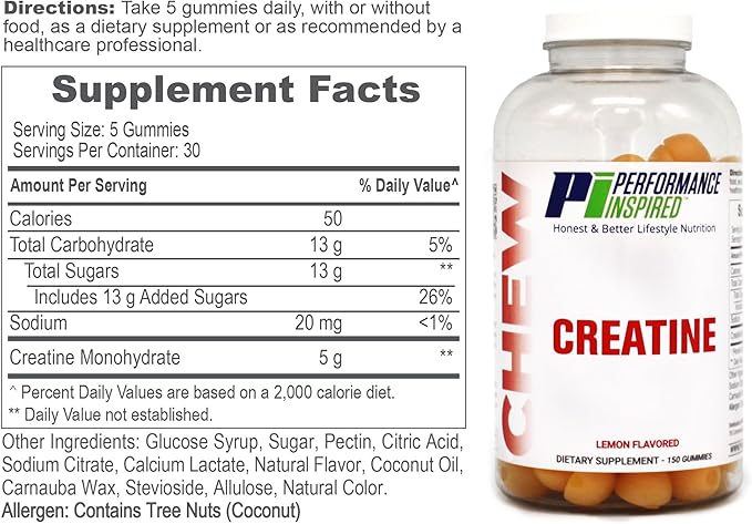 PERFORMANCE INSPIRED Creatine Gummies – 5g Creatine Monohydrate – Muscle Recovery & Strength Support – Lemon Flavor – 150 Count