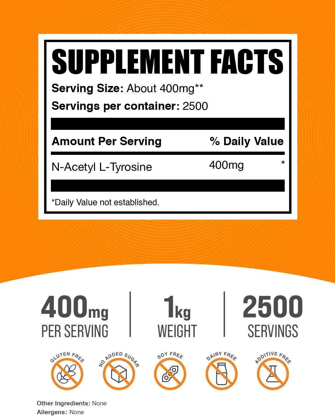 BulkSupplements.com N-Acetyl L-Tyrosine Powder -Tyrosine Supplement, NALT Powder, Amino Acid Supplement - Unflavored & Gluten Free, 400mg per Serving, 1kg (2.2 lbs) (Pack of 1)