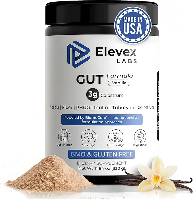 Elevex Gut Health Powder – 3g Colostrum (30% IgG) + Tributyrin (≥60% Butyrate Purity) + PHGG Prebiotics – Gut Lining, Gut–Brain & Bloating Support – BiomeCore™ – 30 Servings (Vanilla)