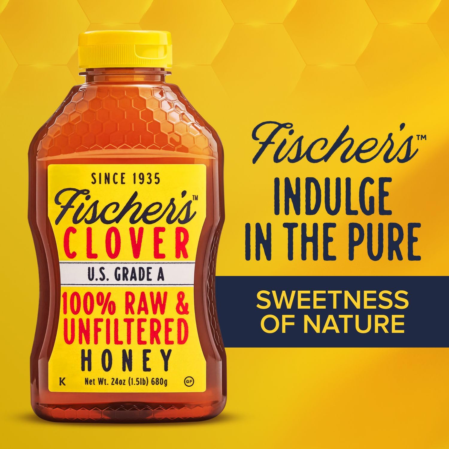 Fischer's 100% Pure Clover Honey – Unfiltered Raw Honey, 24 oz Squeeze Bottle – All-Natural Sweetener – Rich Flavor Profile, Packed with Nutrients