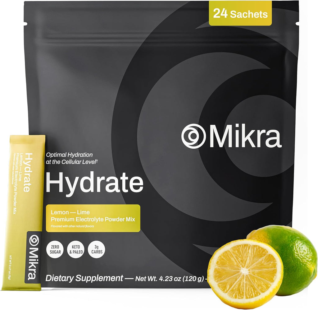 Mikra Hydrate Electrolytes Powder Packets, Sugar Free Hydration Powder Sticks, Naturally Flavored Electrolyte Drink Mix for Needed Hydration Support, Daily Wellness and Workout, Lemon Lime, 24 Pack