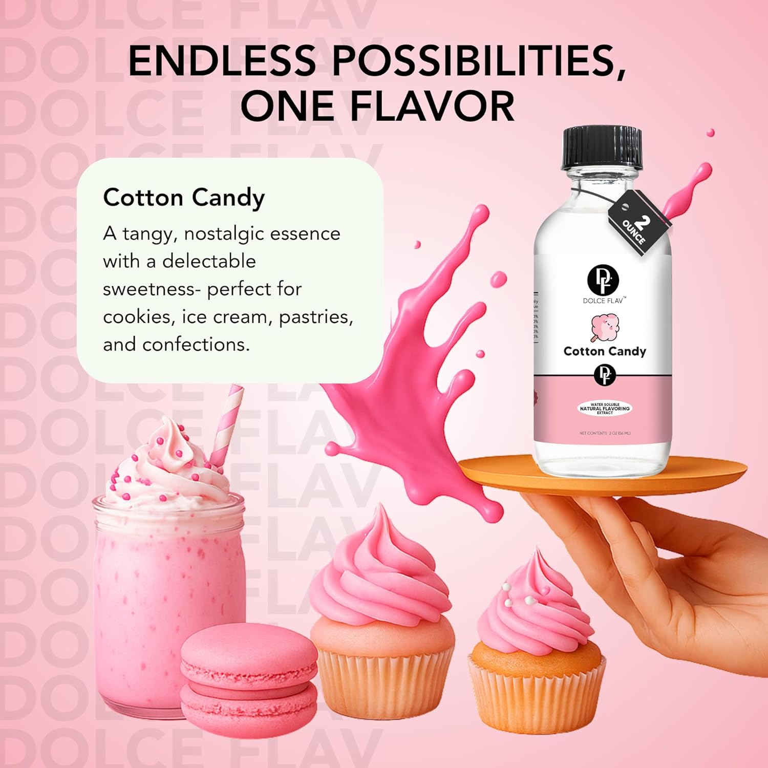 Dolce Flav Natural Cotton Candy Extract – 2 Ounce Water-Soluble Kosher, Sugar-Free, Concentrated Carnival-Style Flavoring for Baking, Frostings & Drinks, Includes Measured Dropper