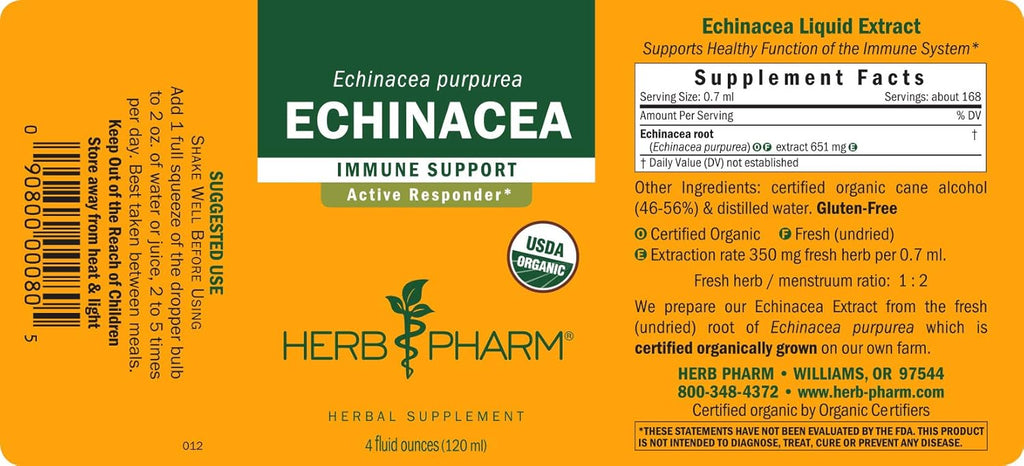 Herb Pharm Certified Organic Echinacea Root Liquid Extract for Immune System Support, Organic Cane Alcohol, 4 Ounce (Pack of 2)
