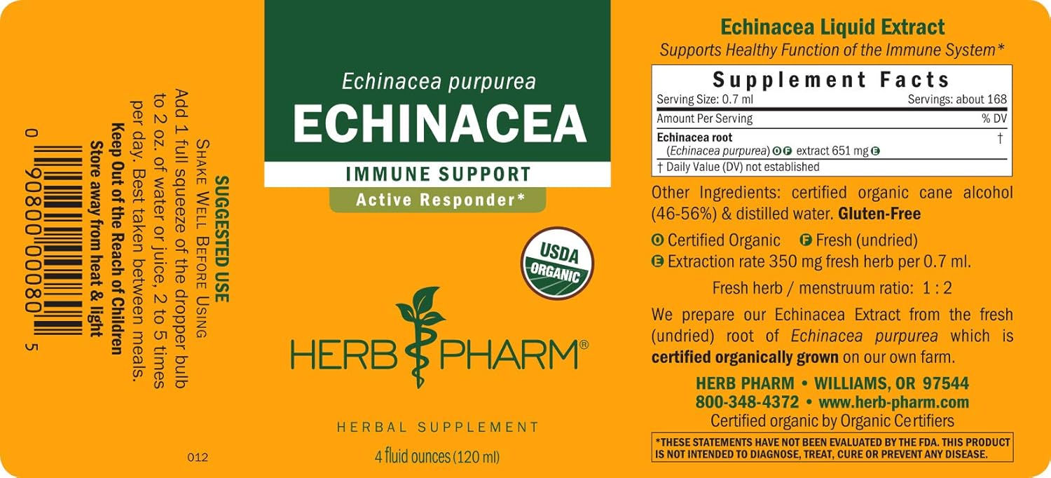 Herb Pharm Certified Organic Echinacea Root Liquid Extract for Immune System Support, Organic Cane Alcohol, 4 Ounce (Pack of 2)