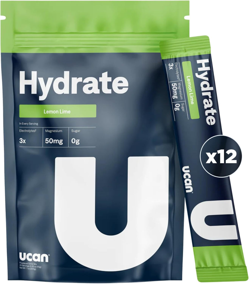 UCAN Hydrate Electrolyte Drink Mix (Lemon-Lime, 12 Stickpacks) Sugar-Free, Keto-Friendly, Vegan, Non-GMO, Gluten-Free Electrolyte Powder with Potassium & Magnesium for Runners & Athletes