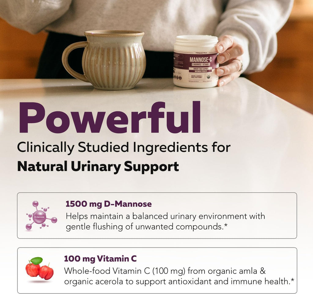 Mannose-C - Organic D Mannose Powder + Whole Food Vitamin C, Natural UTI Support Supplement to Flush & Cleanse Urinary Tract, Certified Organic Urinary Health for Women, Vegan, Non-GMO (60 Servings)