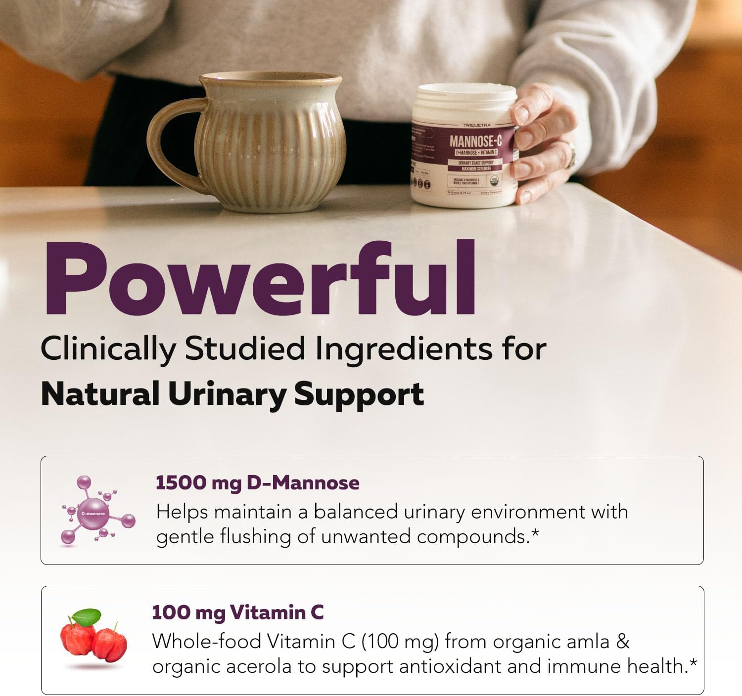 Mannose-C - Organic D Mannose Powder + Whole Food Vitamin C, Natural UTI Support Supplement to Flush & Cleanse Urinary Tract, Certified Organic Urinary Health for Women, Vegan, Non-GMO (60 Servings)