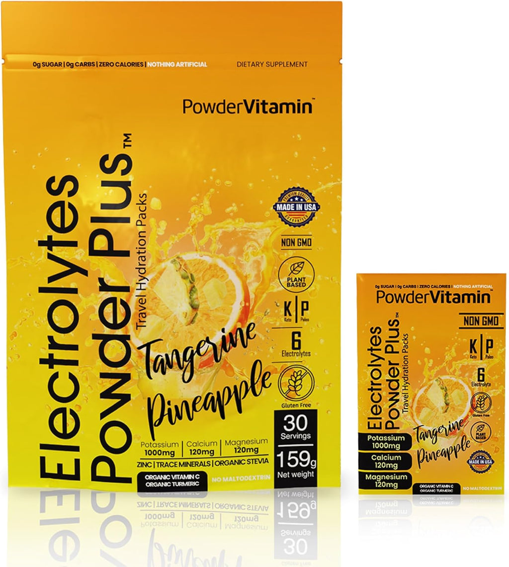 PowerVitamin Electrolytes Powder Packets - Tangerine Pineapple - Keto Electrolytes for Daily Energy - Hydration Powder with 1000mg Potassium, 120mg Magnesium, Zero Calories - 30 Hydration Packets