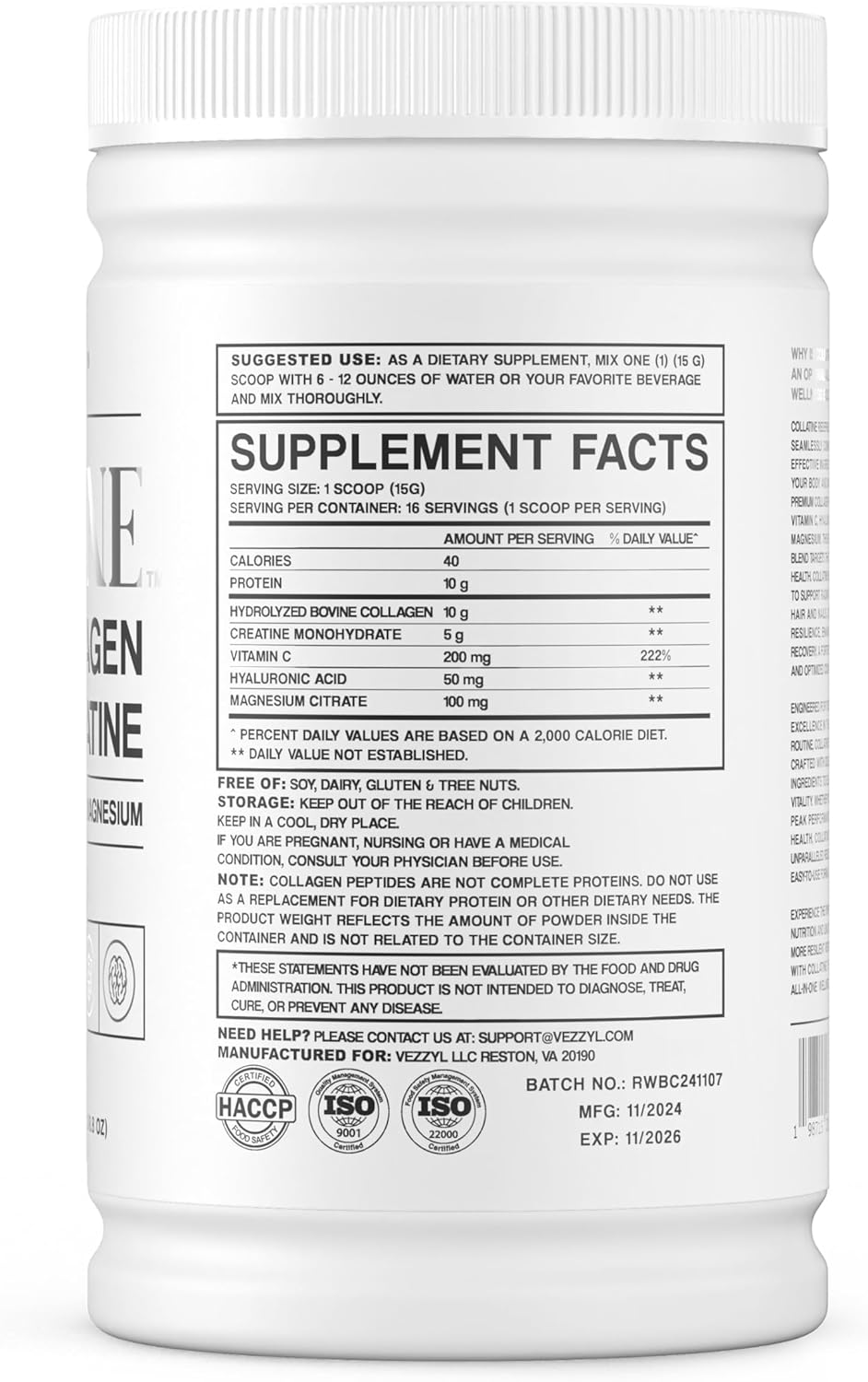 Collatine - Premium Collagen Peptides + Creatine with Vitamin C, Hyaluronic Acid and Magnesium for Skin, Hair, Nails, Bone & Joint, Muscle, Immune and Cognitive Aid (.55 LB (250 G/8.8 OZ)