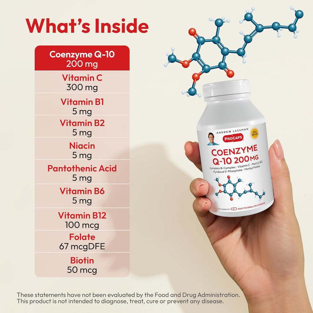 ANDREW LESSMAN Coenzyme Q-10 200 mg 60 Capsules - Essential for Energy Production and Optimum Key Organ Function, Anti-Oxidant Support, Depleted by Aging, Plus B-Complex. Easy to Swallow Capsules