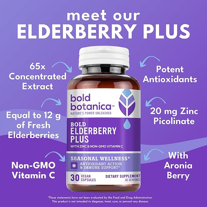Bold Botanica Elderberry Plus – 65x Concentrated Black Elderberry Capsules with Vitamin C and Zinc for Adults for Daily Immune Support Supplement & Seasonal Wellness, Non-GMO – 30 Vegan Capsules