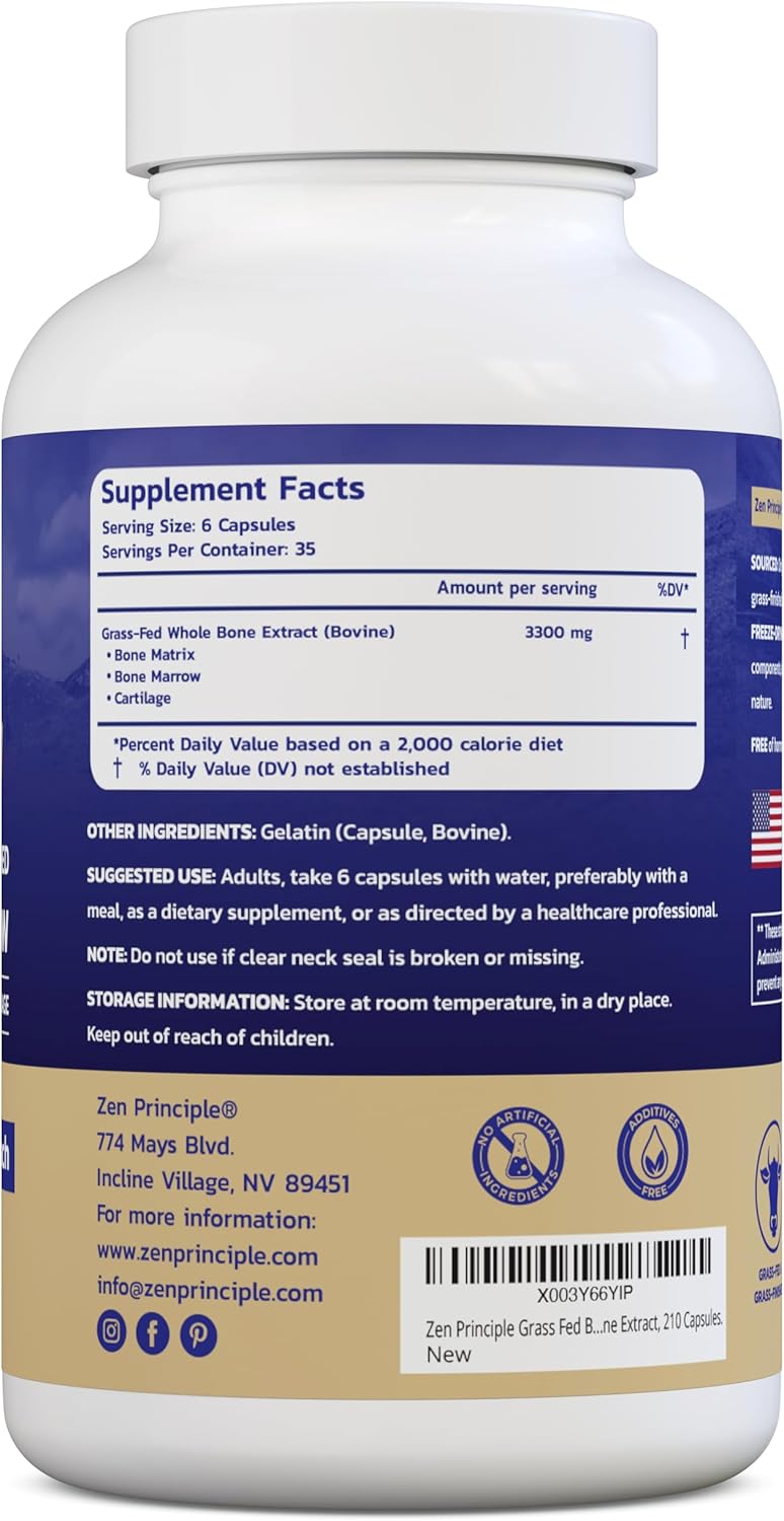 Zen Principle Grass Fed Beef Bone Marrow Supplement, 3300mg. Skin, Oral Health, and Joint Support. Promotes Whole-Body Wellness. Whole Bone Extract, 2-Pack, 420 Capsules (210 Capsules Per Bottle).