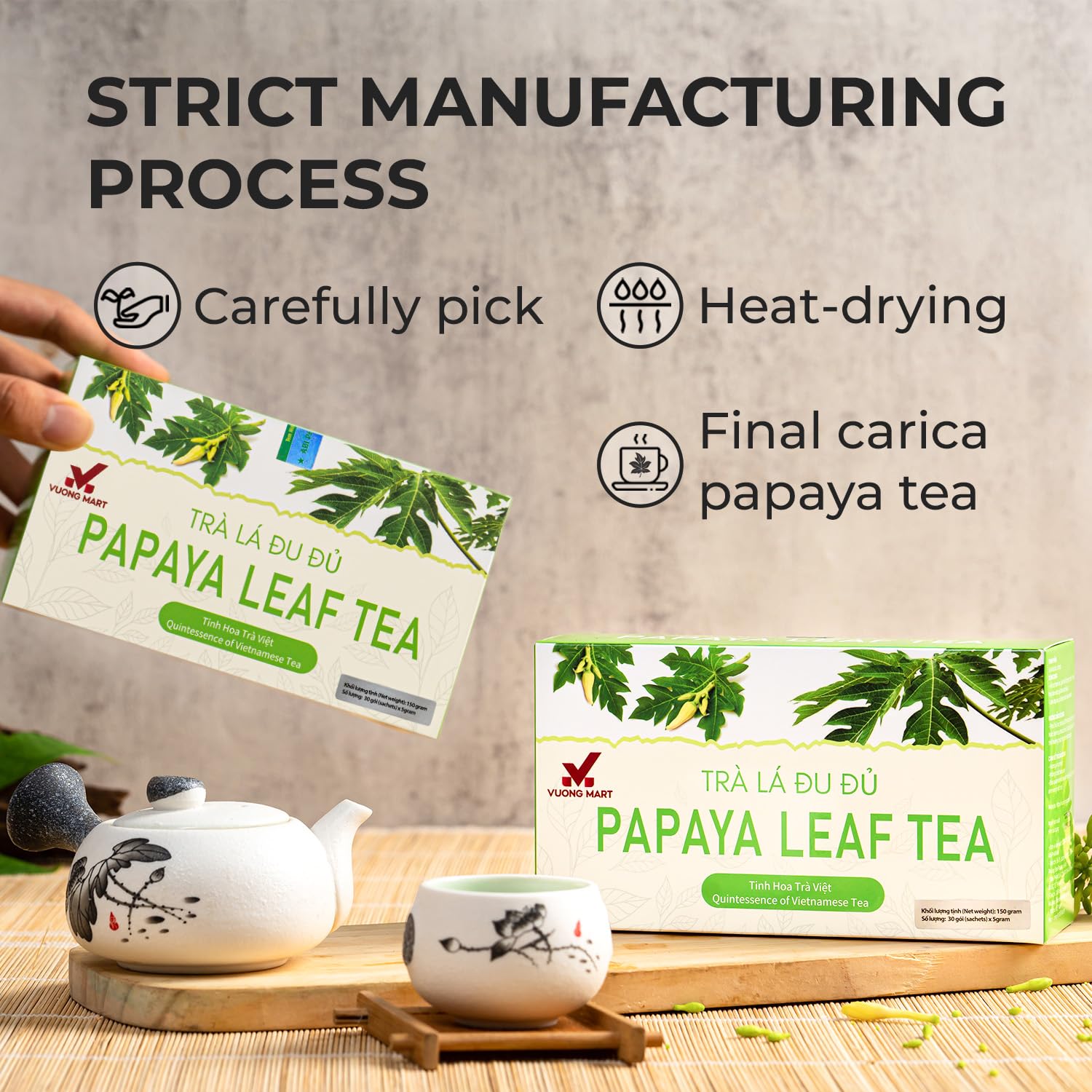 VUONGMART Dried Carica Papaya Leaf Tea, Stevia, 100% Hand Pick, Organic Herbal Tea, 30 Count, Gluten Free, Dairy Free, Sugar Free, Energy Boost & Health Support