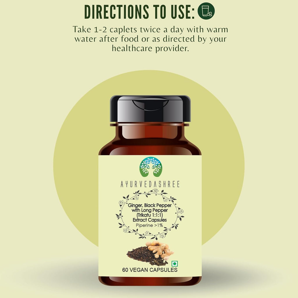 Trikatu Extract 500mg - 60 Vegetarian Capsules | Ginger with Black Pepper & Long Pepper Extract | | All Natural | 100% Vegan | Gluten-Free | GMP Certified.