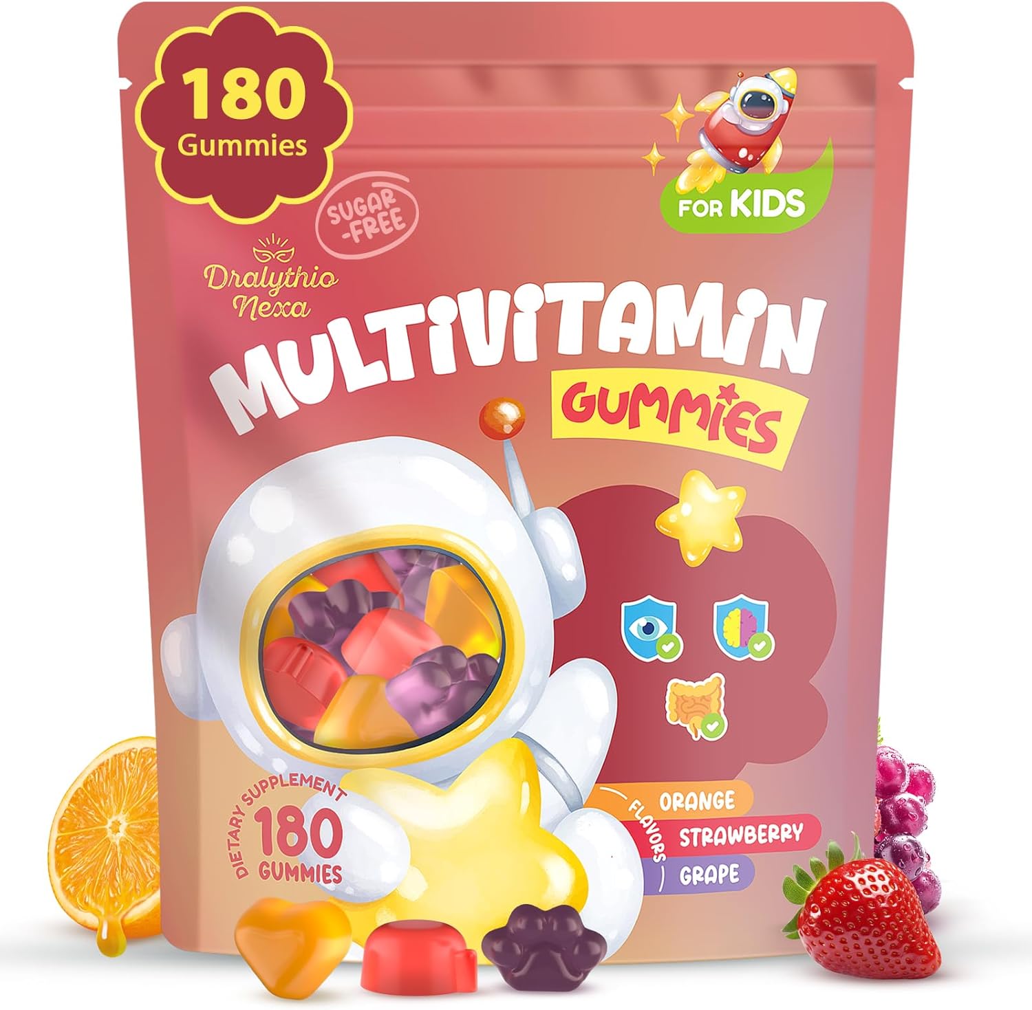 Kids Multivitamin Gummies 180 Count - Eye, Brain & Gut Support - Sugar-Free Vitamins for Kids - with Lutein, Omega-3 DHA & Prebiotics - 3 Fruit Flavors - Ages 2+