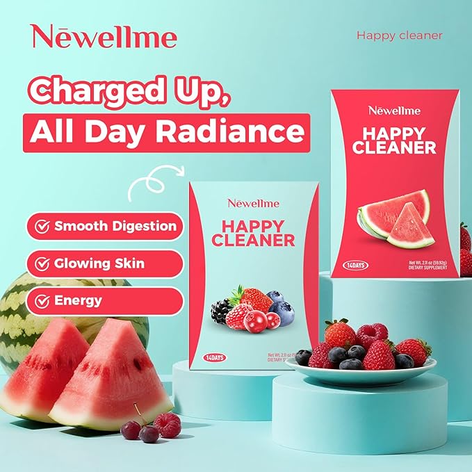 NEWELLME Happy Cleaner Digestive Supplement Powder, Gut Health Drink Mix with Probiotics, Digestive Enzymes & Fiber, Supports Digestion and Bloating, Watermelon & Berry Variety, 28 Sachets (2 Boxes)