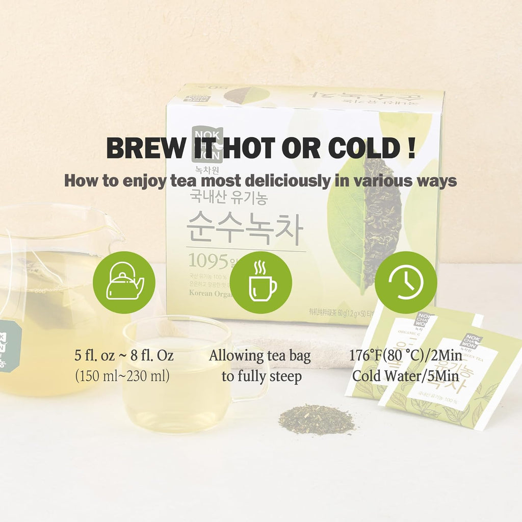 [Nokchawon] Organic Pure Green Tea 50 Tea Bags - Specially Roasted Korean Organic Green Tea, Delicate Flavor & Aroma