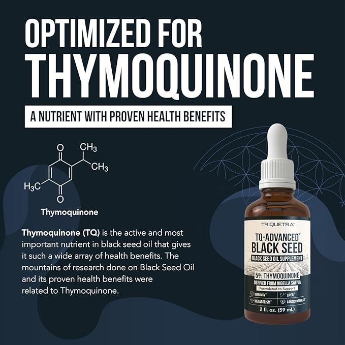 Black Seed Oil Liquid | 5% Thymoquinone - TQ-Advanced® | High Potency - 100 mg per Serving - 15:1 Concentrate from Nigella Sativa Extract, Raw Form, Vegan Formula, Glass Bottle (30 Servings)