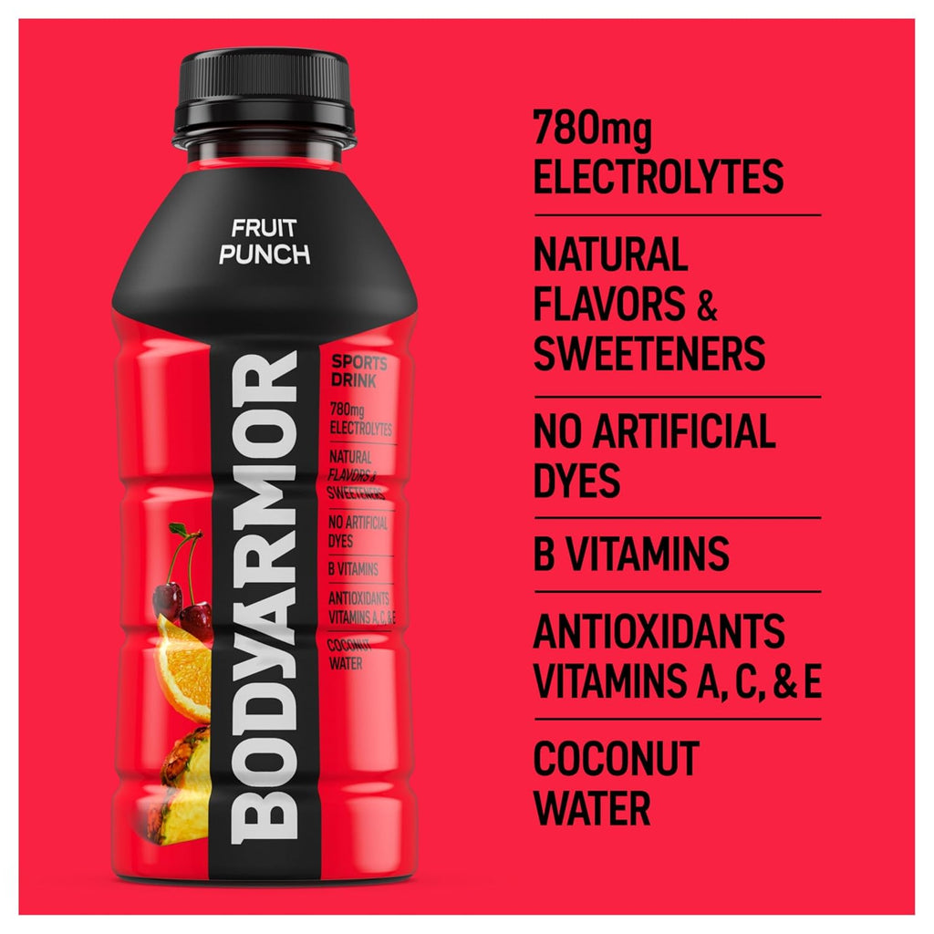 BODYARMOR Sports Drink Sports Beverage, Fruit Punch, Coconut Water Hydration, Natural Flavors With Vitamins, Potassium-Packed Electrolytes, Perfect For Athletes, 16 Fl Oz (Pack of 12)