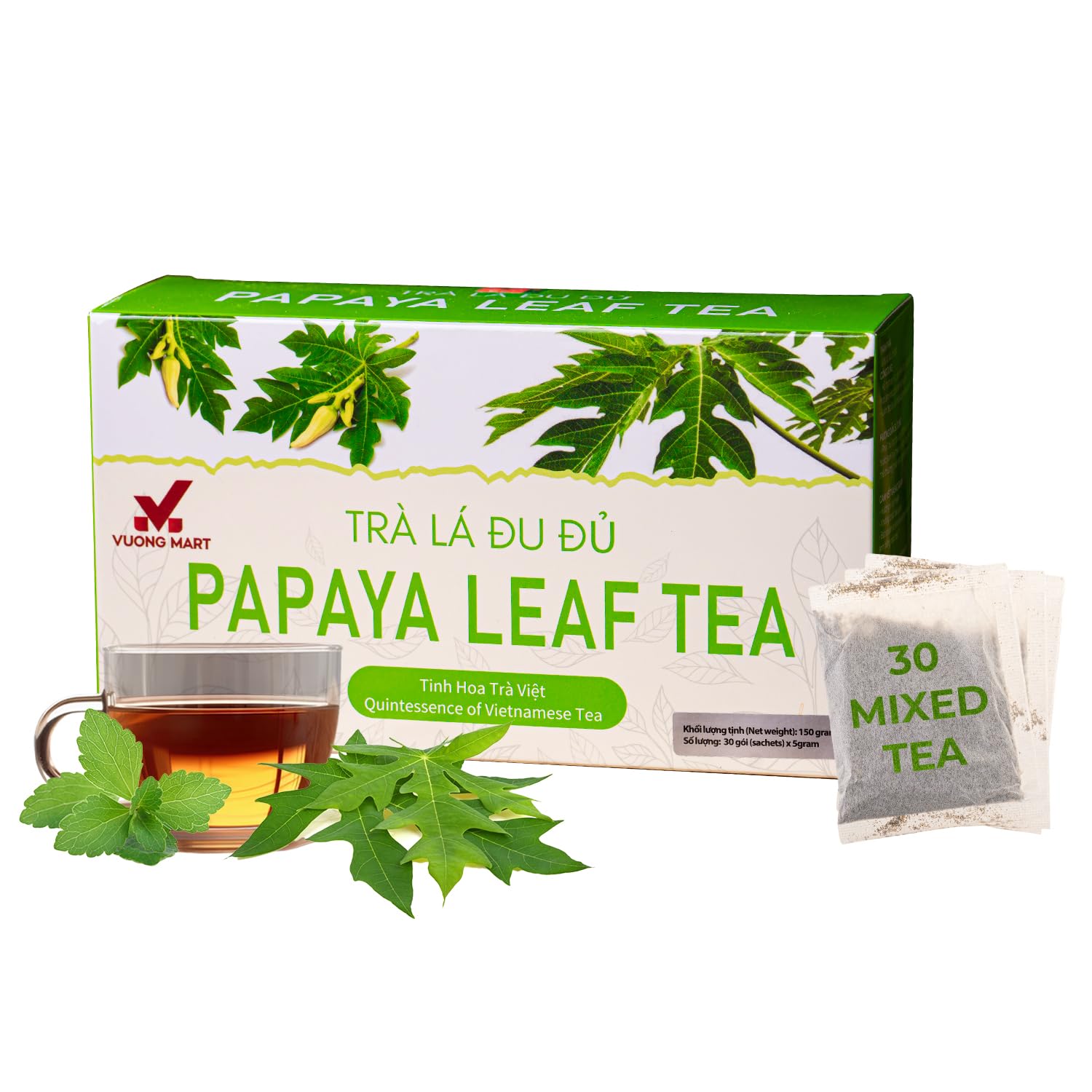VUONGMART Dried Carica Papaya Leaf Tea, Stevia, 100% Hand Pick, Organic Herbal Tea, 30 Count, Gluten Free, Dairy Free, Sugar Free, Energy Boost & Health Support
