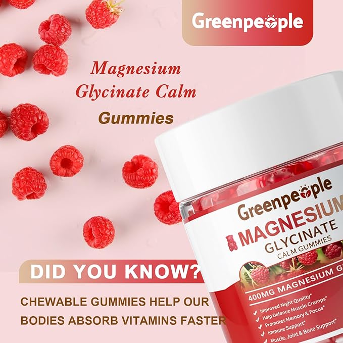 GREENPEOPLE Magnesium Glycinate Gummies 400mg - Sugar Free Magnesium Supplement with Magnesio Citrate, Vitamin D, and B6 for Calm Support & Sleep for Adults - High Absorption - Raspberry Gummies