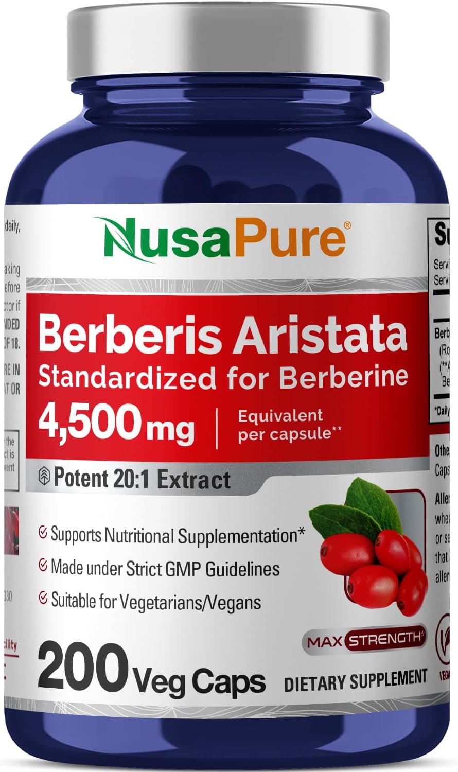 NusaPure Berberine HCI 20:1 Extract, 220 mg Equivalent to 4,500mg - 200 Veggie Caps - (Vegetarian, Non-GMO, Vegan)