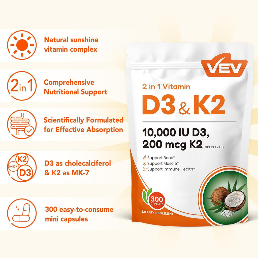 VEV Vitamin D3 K2, 10,000 IU D3, 200mcg K2 (with MK7) Corefeel, Supports Bone and Teeth Health, Dual Nutrient Support for Daily Wellness, Easy to Swallow – 300 Capsules