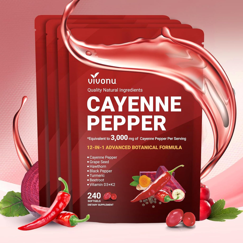 VivoNu Cayenne Pepper Softgels Supplement, Supports Leg Vein, Heart and Blood Vessel Health, with Vitamin E D3+K2 and Extracts of Grape Seed, Hawthorn, Beetroot, Berberine and Other