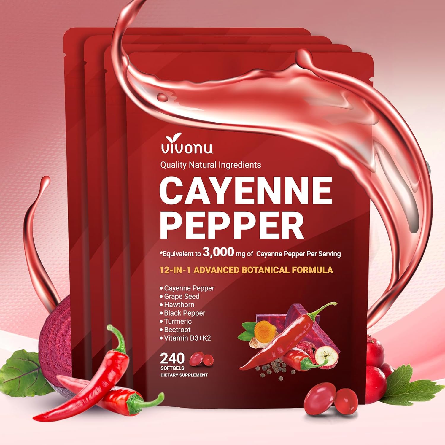 VivoNu Cayenne Pepper Softgels Supplement, Supports Leg Vein, Heart and Blood Vessel Health, with Vitamin E D3+K2 and Extracts of Grape Seed, Hawthorn, Beetroot, Berberine and Other