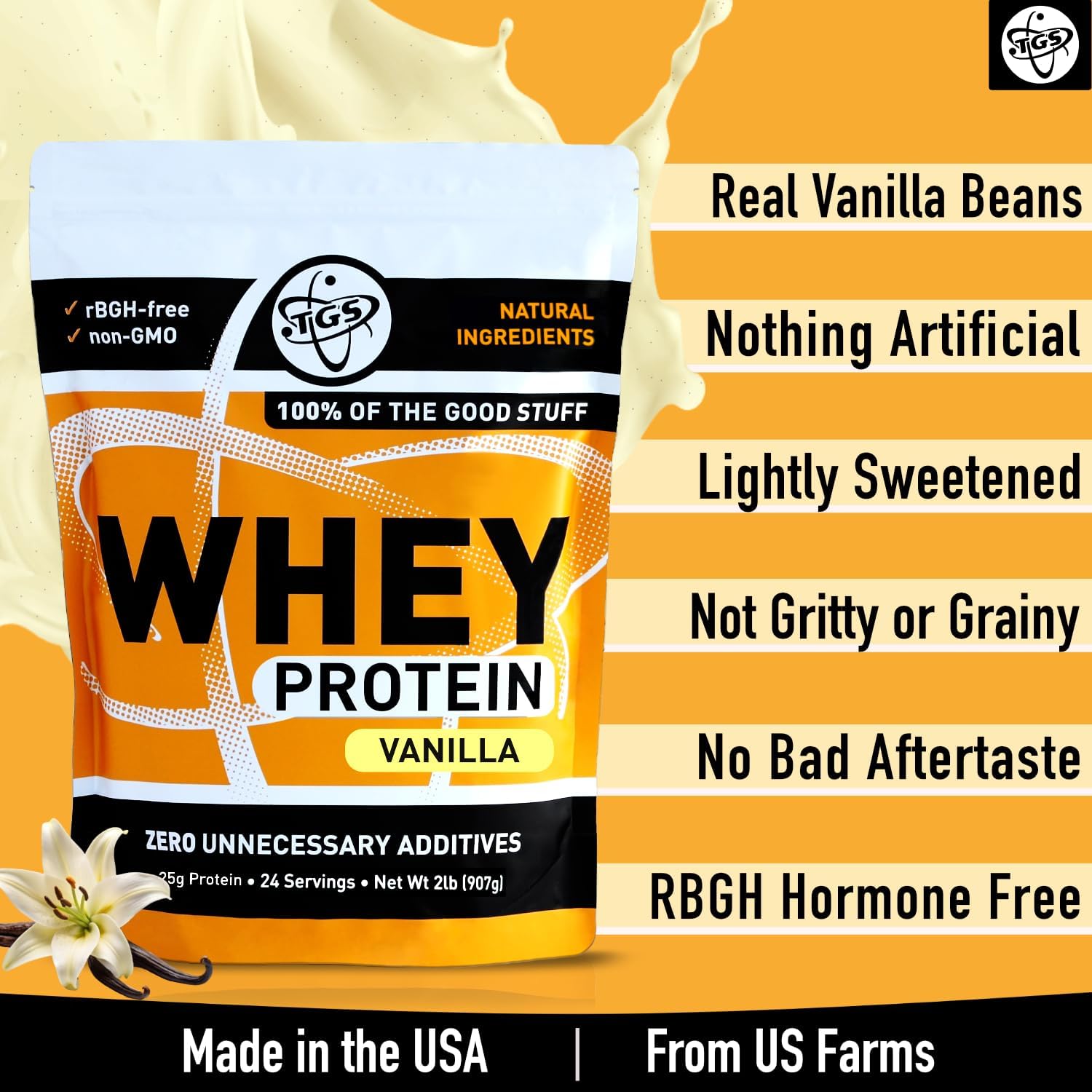 Vanilla Whey Protein Powder -2lb - No Artificial Sweeteners, Mixes Well, No Soy, No Hormone, No Gluten, US Farms