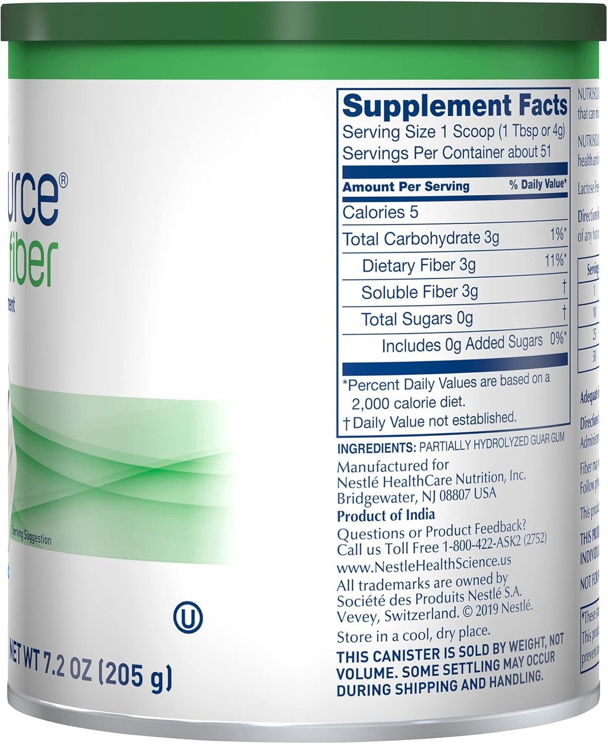 Nestle Nutrisource Fiber Fiber Supplement Unflavored 7.2 oz. Canister 4 Ct