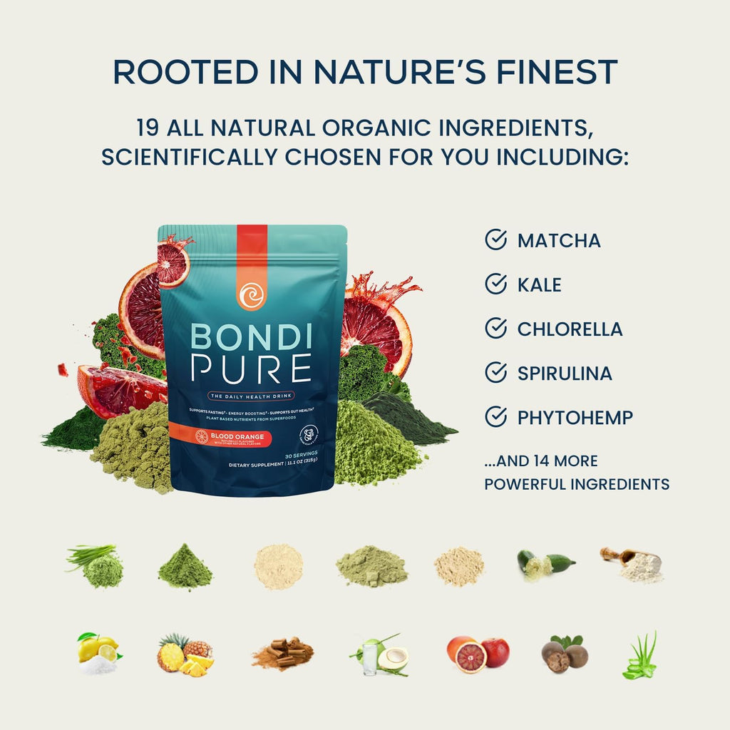 Bondi Pure - Daily Health & Detox Drink - Promote Gut Health & Energy Support During a Cleanse or Intermittent Fasting - Plant-Based Fibers, Alkalizing Super Greens - Blood Orange (2-Pack)