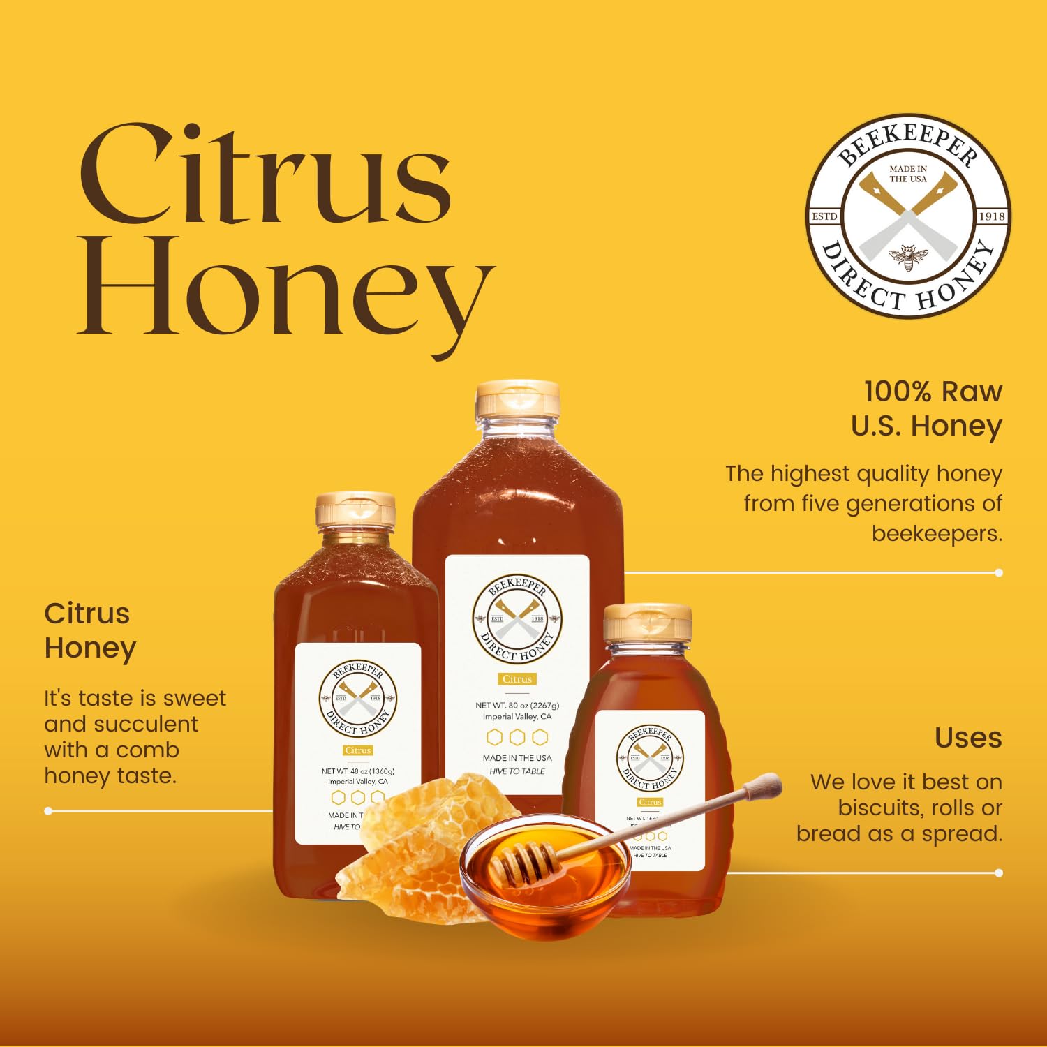 Beekeeper Direct Raw Unfiltered Honey - Real Raw Citrus Honey - All Natural Non-GMO Pure Gourmet Honey - Local California Orange, Grapefruit, and Lemon Honey (3lbs Squeeze Bottle)