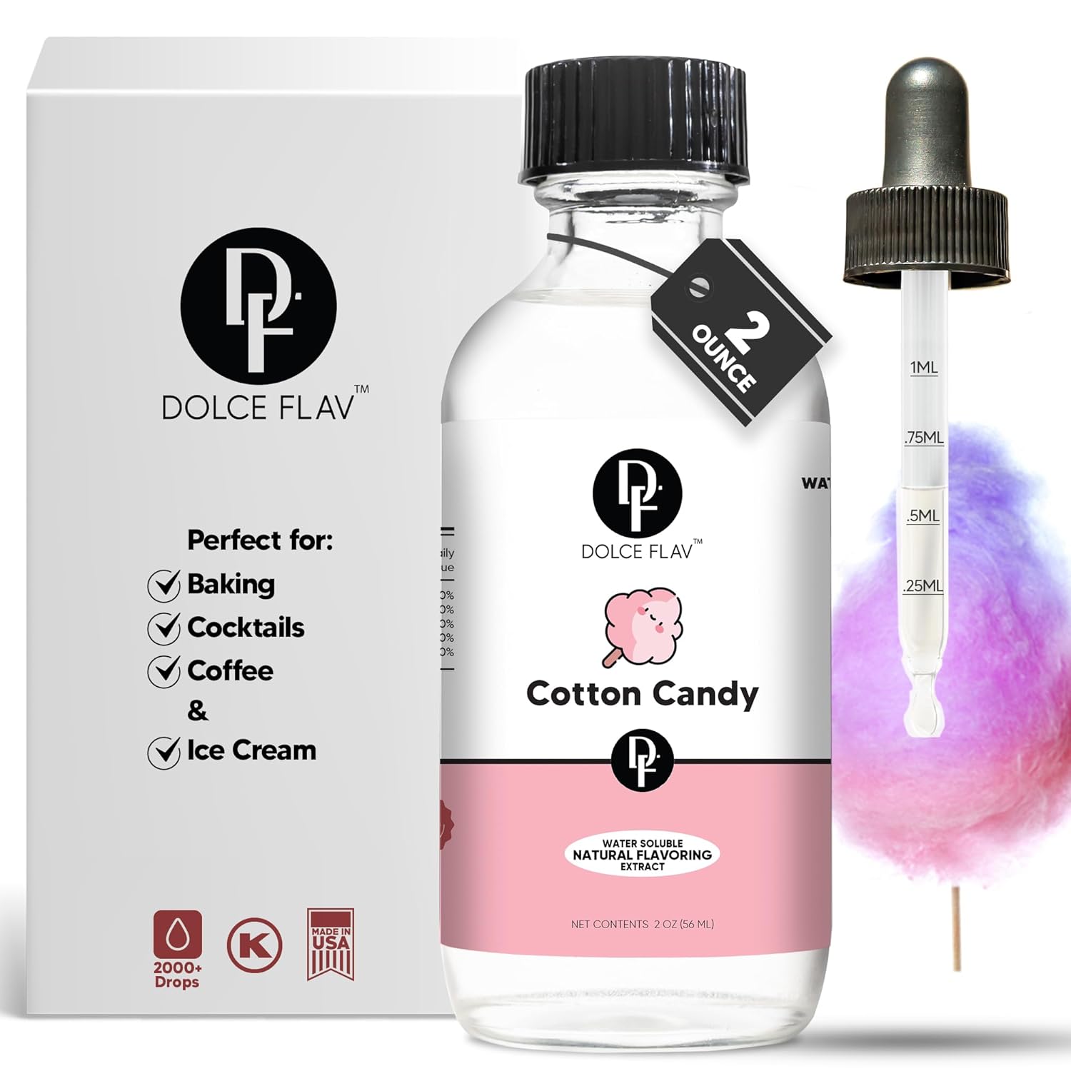 Dolce Flav Natural Cotton Candy Extract – 2 Ounce Water-Soluble Kosher, Sugar-Free, Concentrated Carnival-Style Flavoring for Baking, Frostings & Drinks, Includes Measured Dropper