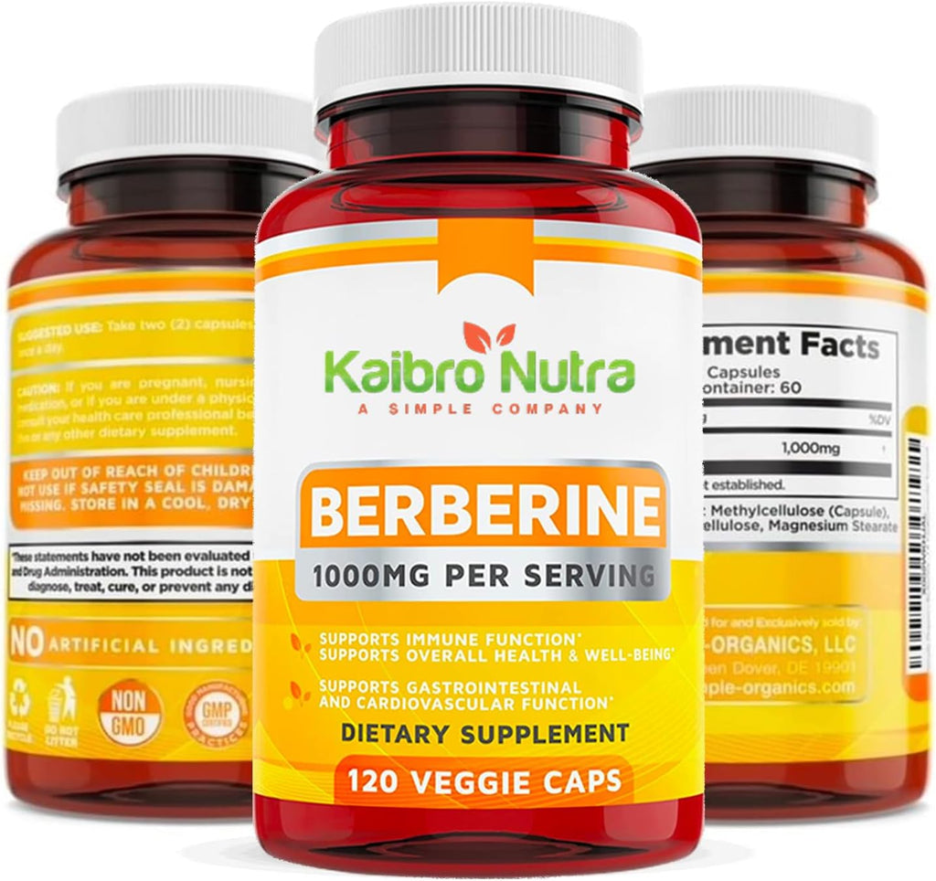 Kaibro Nutra Berberine Supplement 1000mg, Berberine HCL for Immune System, Glucose Support, Circulatory & Gastrointestinal Health, Vegan & Gluten-Free, 120 Capsules
