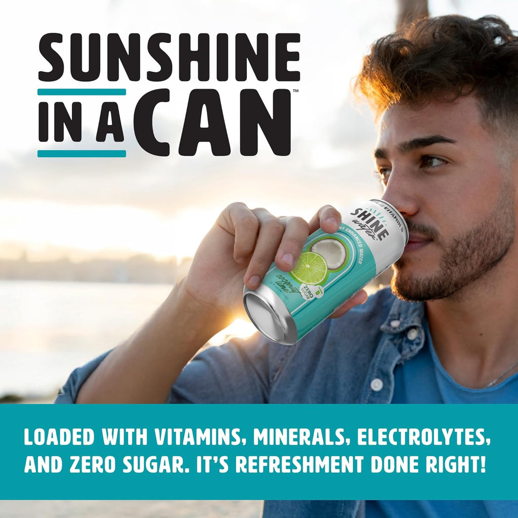 ShineWater Vitamin D Hydration Electrolyte Drink - Flavored water with electrolytes, Sugar-Free, Magnesium, Zinc, Vitamin B12, Folic Acid, Plant-Based, Low Calorie - Coconut Lime Fruit Water 12 Pack