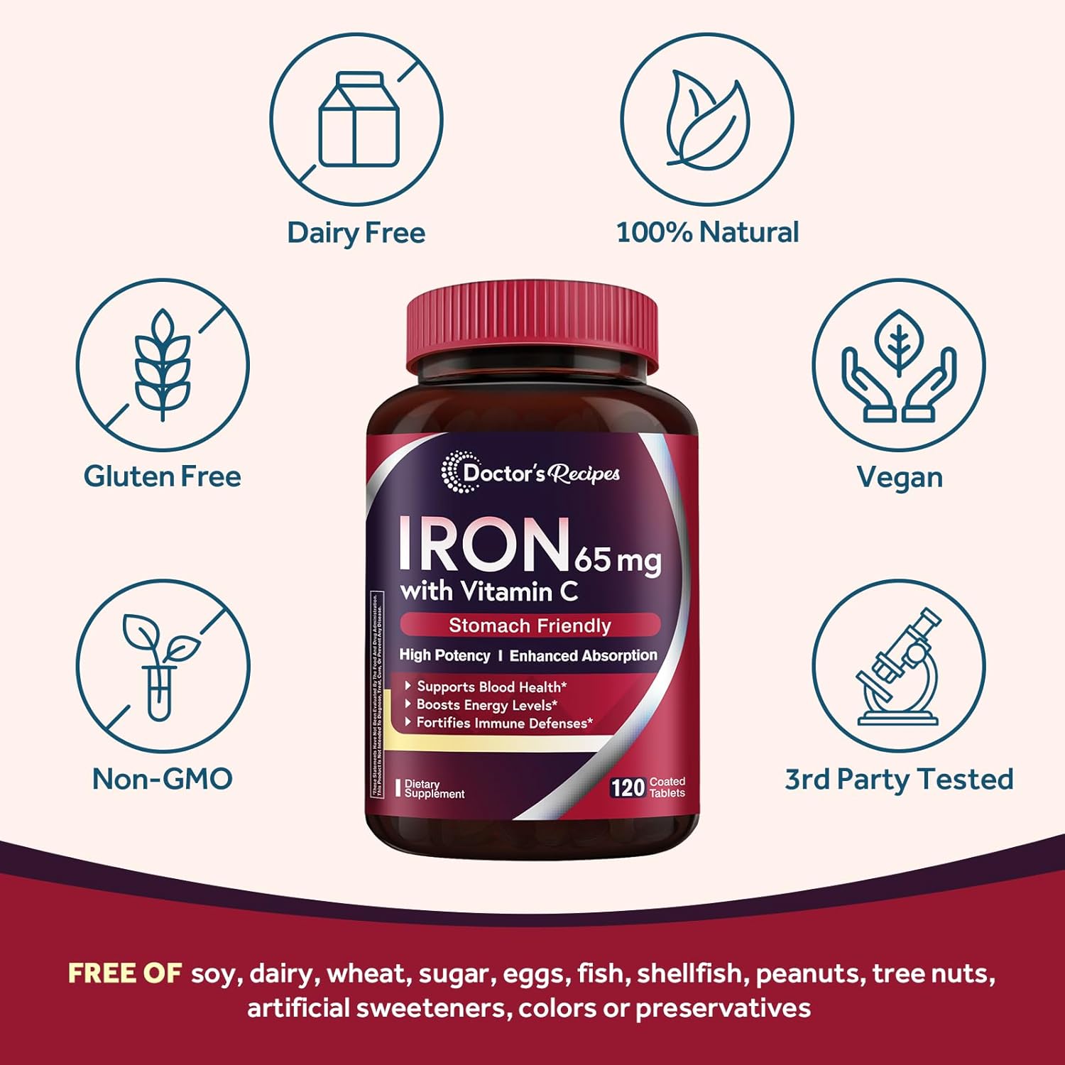 Doctor's Recipes Iron Supplement 65 mg with Vitamin C - Maximized Absorption & Stomach Friendly Iron Pills for Red Blood Cells Formation, Heart, Brain & Immunity Health - Vegan Non-GMO 120 Iron Tabs