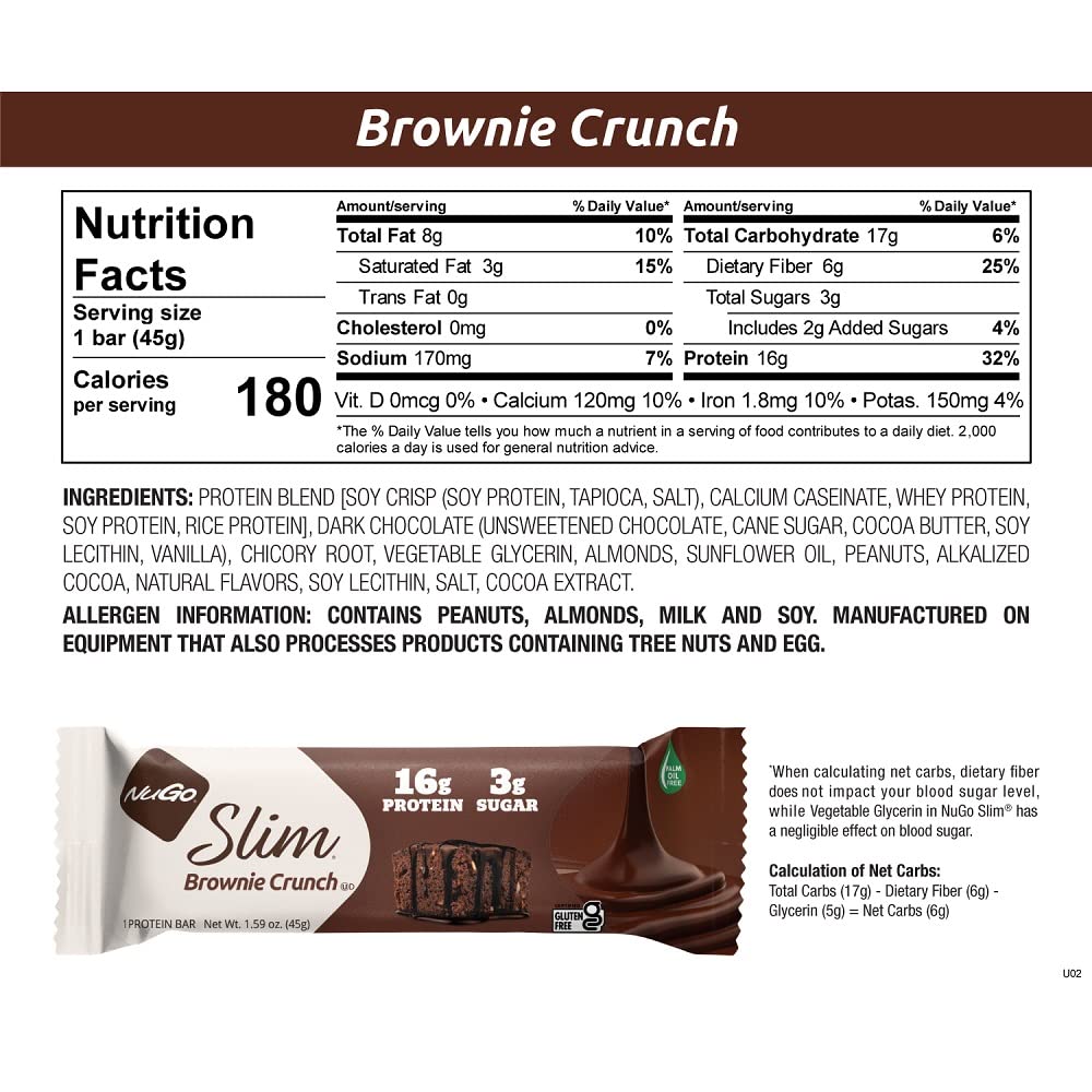 NuGo Slim Dark Chocolate Brownie Crunch, 16g Protein, 3g Sugar, 7g Fiber, Low Net Carb, Keto Friendly, Gluten Free, 12 Count