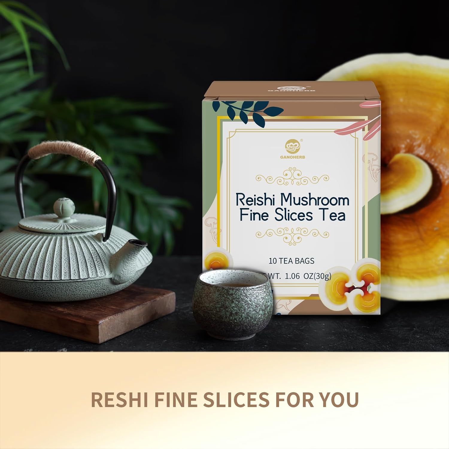 GANOHERB Reishi Mushroom Fine Slices Tea, 10 Bags, Adaptogen Ganoderma Lucidum Herbal Tea for Immune Health Boost, Stress Relief, Caffeine-Free, No Sugar, 1.06 OZ